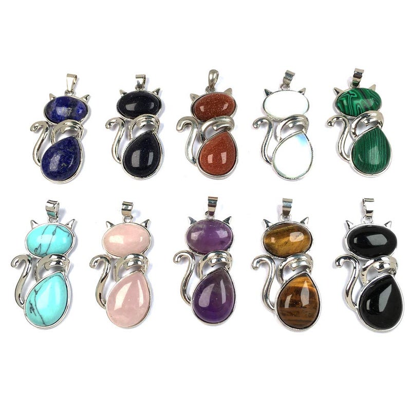 LE SKY Natural Stone Pendants cat Shape Healing Stone Pendant Crystal Agate Charms for Jewelry Making DIY Random 8 Pcs - Image 1